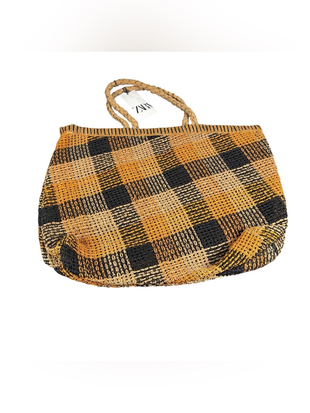 Zara Tote Bag Tan Yellow Black Woven Jute Basket Style Handle Boho Beach NWT